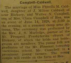 Marriage Notice of Walter N. CAMPBELL to Florella M. Caldwell, June 14, 1928