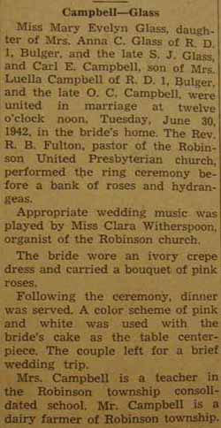 Marriage Notice for Carl E. CAMPBELL to Mary Evelyn Glass, Tues, June 30, 1942
