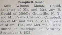 Article 1 Marriage Notice for Frank Chambon CAMPBELL to Winona Maude Gould,&nbsp; September 3, 1938