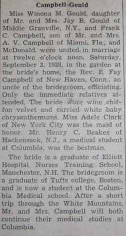 Article 2 Marriage Notice for Frank Chambon CAMPBELL to Winona Maude Gould,&nbsp; September 3, 1938
