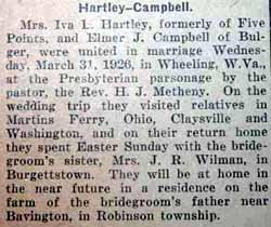 Marriage Notice for Elmer J. CAMPBELL to Mrs. Iva. I. Hartley, March 31, 1926