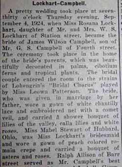 Part 1 Marriage Notice for James Wilson CAMPBELL to Rosana Lockhart, Thurs., September 4, 1924
