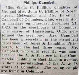 Marriage Notice for Peter C. CAMPBELL to Stella C. Phillips,�Tuesday, December 21, 1926