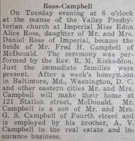 Marriage Notice for Fred H. CAMPBELL to Edna Alice Ross,�December 12, 1922