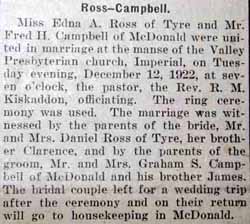 Marriage Notice for Fred H. CAMPBELL to Edna Alice Ross, December 12, 1922