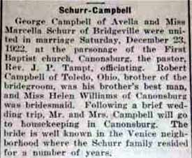Marriage Notice for George CAMPBELL to Marcella Schurr,�Saturday, December 23, 1922