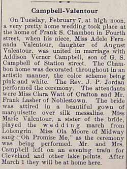 Marriage Notice for Addison Verner CAMPBELL to Miss Adele Fernanda VALENTOUR, Tuesday, February 7, 1911