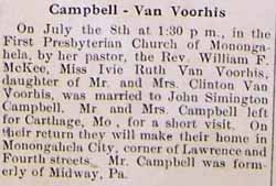 Marriage Notice for John Simington CAMPBELL to Ivie Ruth VanVoorhis, July 8, 1914