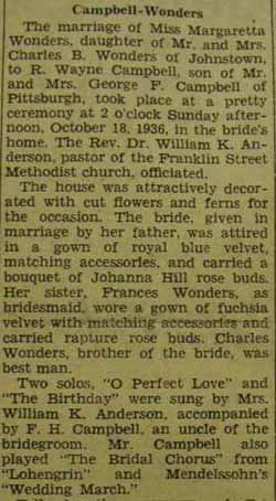 Part 1 Marriage Notice for R. Wayne CAMPBELL to Margaretta Wonders, October 18, 1936