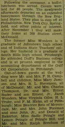 Part 2 Marriage notice for R. Wayne CAMPBELL to Margaretta Wonders,&nbsp; October 18, 1936