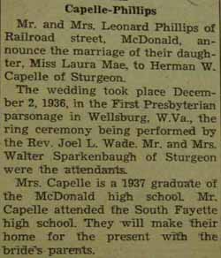 Marriage notice for  Herman W. CAPELLE to Laura Mae Phillips, December 2, 1936