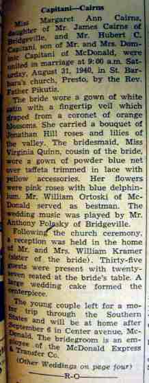 Marriage Notice for Hubert C. CAPITANI to Margaret Ann Cairns, August 31, 1940