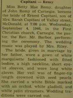 Part 1 Marriage Notice for Ernest CAPITANI to Betty Mae Remy,&nbsp; September 4, 1946