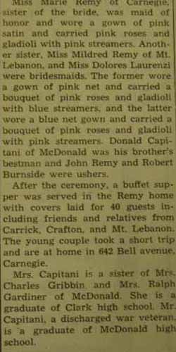 Part 2 Marriage Notice for Ernest CAPITANI to Betty Mae Remy,&nbsp; September 4, 1946