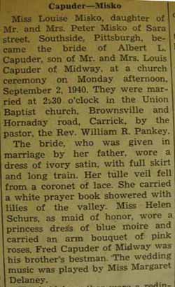 Part 1 Marriage Notice for Albert L. CAPUDER to Louise Misko, Sept. 2, 1940