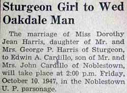 Marriage announcement, Edwin A. CARDILLO to Dorothy Jean Harris