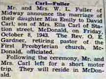 Marriage Notice for David CARL to Emily Fuller, 8 Oct 1943