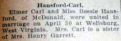 Marriage Notice for Elmer CARL to Bessie Hansford, 30 Apr 1927