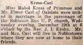Marriage Notice for Elmer CARL to Mabel Kress, 19 Dec 1923