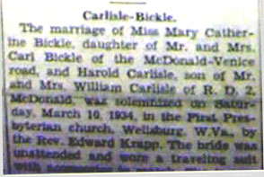 Marriage Notice for Harold CARLISLE to Mary Catherine Bickle, 10 Mar 1934