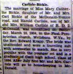 Marriage Notice for  Harold CARLISLE to Mary Catherine Bickle, 10 Mar 1934 or June 15, 1934
