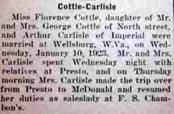 Marriage Notice for Arthur CARLISLE to Florence Cottle, 10 Jan 1923