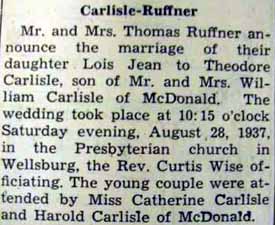 Marriage Notice for Theodore CARLISLE to Lois Jean Ruffner, 28 Aug 1937
