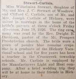 Marriage Notice for Clifford C. CARLISLE to Wilhelmina Stewart, 18 Jun 1926