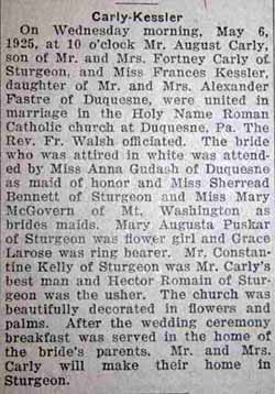 Marriage Notice for August CARLY to Frances Kessler, 6 May 1925