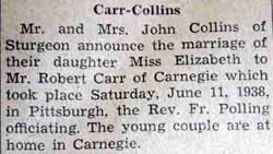 Marriage Notice for Robert CARR to Elizabeth Collins, 11 Jun 1938
