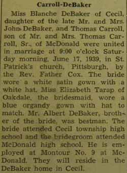 Marriage Notice for Thomas CARROLL to Blanche DeBaker, 17 Jun 1939