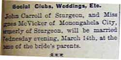 Wedding Notice 1: John CARROLL to Miss Agnes McVicker