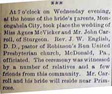 Wedding Notice 2: John CARROLL to Miss Agnes McVicker