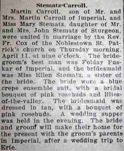 Marriage Notice for Martin CARROLL to Mary Stematz, 11 Apr 1929