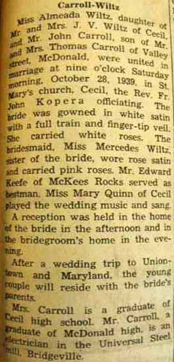 Marriage Notice for John CARROLL to Almeada Wiltz, 28 Oct 1939