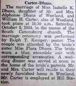 Marriage Notice for William H. CARTER to Isabelle K. Dhans, 5 Oct 1934