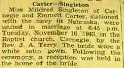 Marriage Notice for Emmett CARTER to Mildred Singleton, 16 Nov 1943