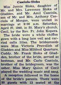 Part 1 Marriage Notice for Amil CASCIOLA to Jennie Sloka, 27 Apr 1940