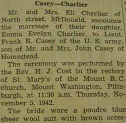 Part 1 Marriage Notice for Frank R. CASEY to Emma Evelyn Charlier, 5 Nov 1942