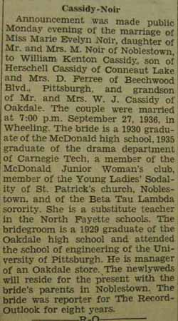 Marriage Notice for William Kenton CASSIDY to Marie Evelyn Noir, 27 Sep 1936