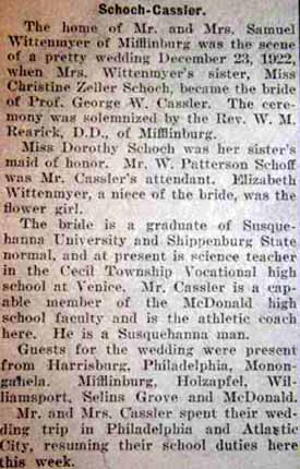 Marriage Notice for George W. CASSLER to Christine Zeller Schoch, 23 Dec 1922