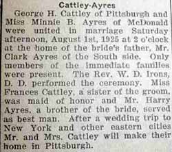 Marriage Notice for George H. CATTLEY to Minnie B. Ayres, 1 Aug 1925