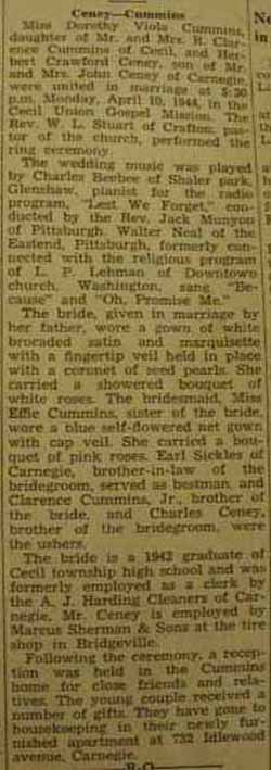Marriage Notice for 
 Herbert Crawford CENEY to Dorothy Viola Cummins, 10 Apr 1944