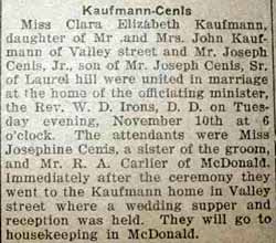 Marriage Notice for Joseph CENIS, Jr. to Clara Elizabeth Kaufmann, 10 Nov 1925