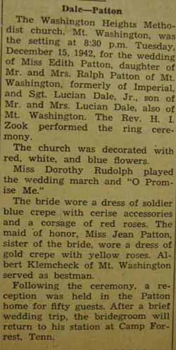 Marriage Notice for Lucian DALE, Jr. to Edith Patton, 15 Dec 1942