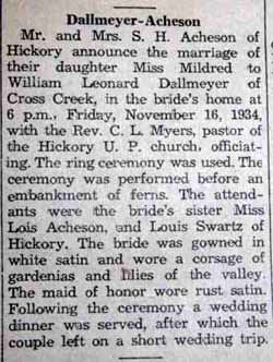 Marriage Notice for William Leonard DALLMEYER to Mildred Acheson, 16 Nov 1934