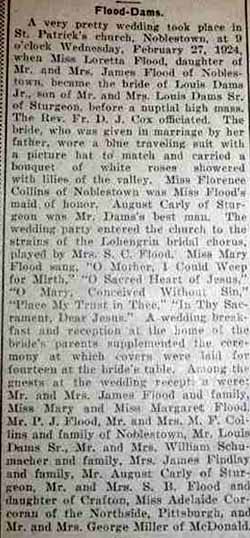 Marriage Notice for Louis DAMS, Jr. to Loretta Flood, 27 Feb 1924