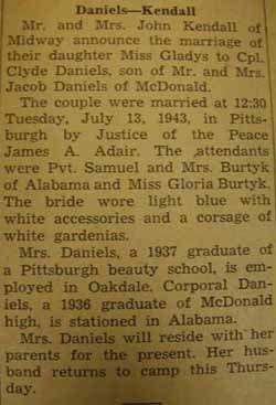 Marriage Notice for Clyde DANIELS to Gladys Kendall, 13 Jul 1943