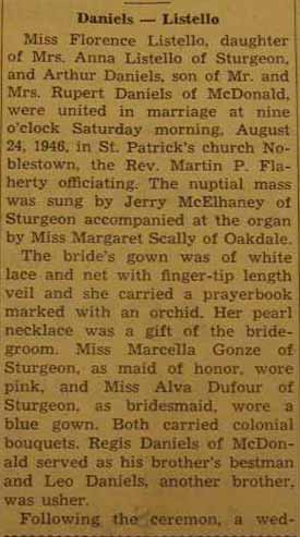 Part 1, part2 missing, Marriage Notice for  Arthur DANIELS to Florence Listello, 24 Aug 1946