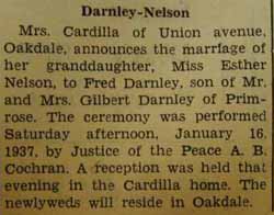 Marriage Notice for Fred DARNLEY to Esther Nelson, 16 Jan 1937